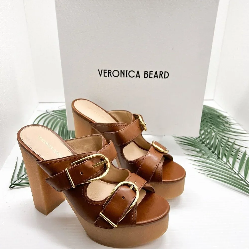 Veronica Beard Garrick Brown Leather Dual Buckle Platform Sandals Size 9M NWB